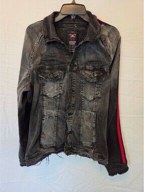 Jordan Craig Men's 2XL Black Distressed Denim Jacket with Red Stripe Sleeve